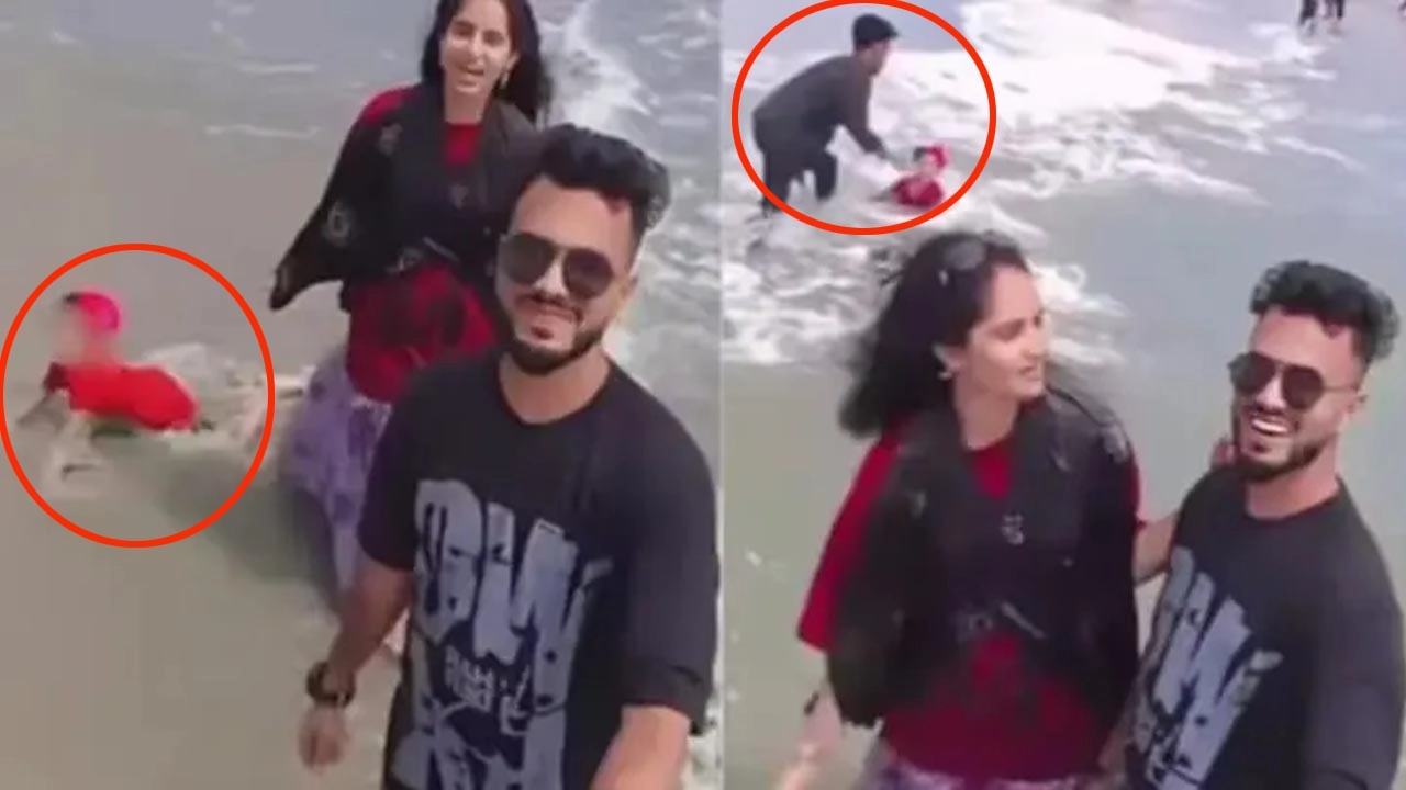 রিল তৈরিতে মগ্ন বাবা-মা, সাগরে ভেসে যাওয়া থেকে শিশুকে বাঁচালেন পথচারী
